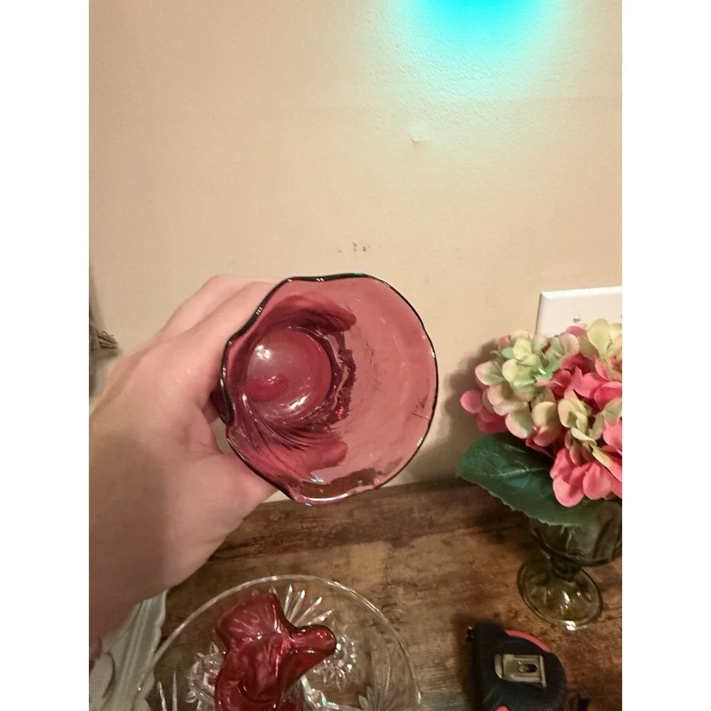 Vintage Cranberry Glass Swirl Bud Vase Ruffled Rim Clear Rigaree Art Glass Pink